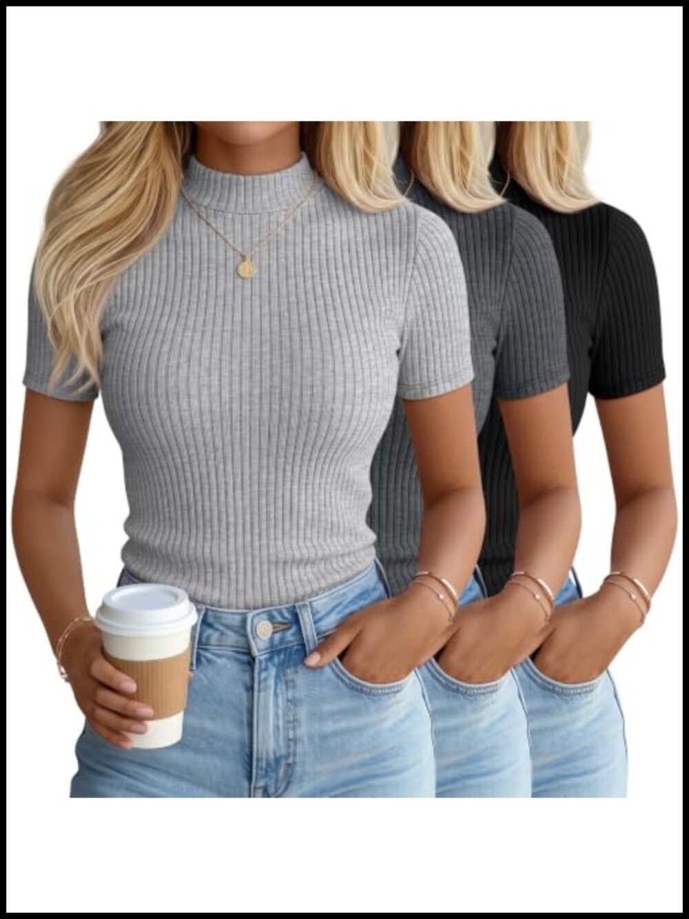 3 Pack Women's Ribbed Turtleneck T-Shirts Soft Stretch Mock Neck